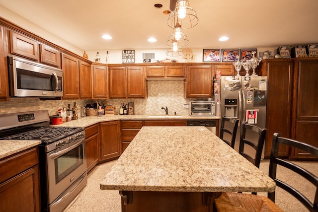 1343 Buster Chatham Rd, Waco, TX 76705 - kitchen with appliances with stainless steel finishes, a sink, backsplash, light stone countertops, and recessed lighting