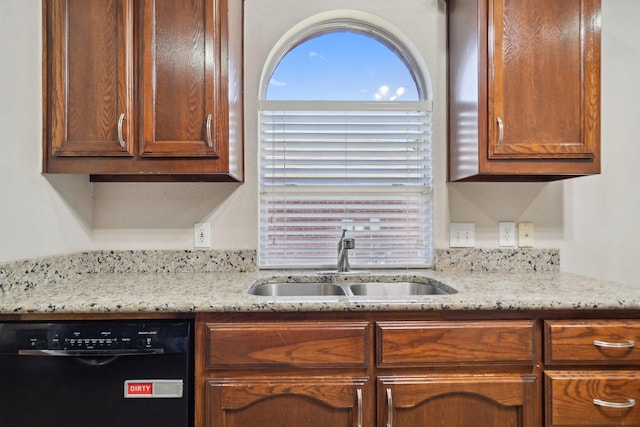 6132 Farrah Dr, Fort Worth, TX 76131 - kitchen with black dishwasher, a sink, and light stone countertops