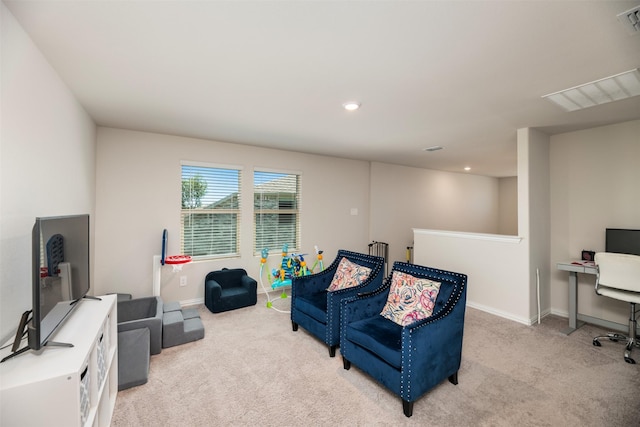101 Goosewood Dr, Mckinney, TX 75071 - living area with light carpet, baseboards, an upstairs landing, recessed lighting, and a desk