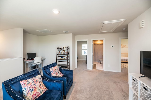 101 Goosewood Dr, Mckinney, TX 75071 - carpeted living room with attic access, baseboards, a desk, and radiator heating unit
