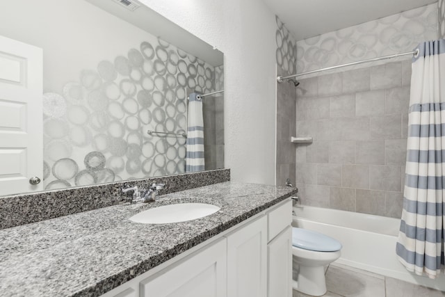 906 Overton Ave, Celina, TX 75009 - full bathroom with shower / tub combo with curtain, vanity, toilet, and tile patterned flooring