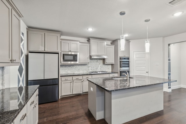 906 Overton Ave, Celina, TX 75009 - kitchen with stainless steel appliances, a sink, dark wood-type flooring, under cabinet range hood, and recessed lighting