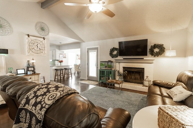 6304 Kary Lynn Dr S, Watauga, TX 76148 - living room featuring wood finished floors, ceiling fan, and a brick fireplace