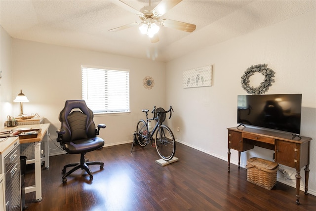 6304 Kary Lynn Dr S, Watauga, TX 76148 - office area featuring wood finished floors, a ceiling fan, baseboards, and a textured ceiling