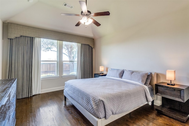 131 Lavaca Dr, Irving, TX 75039 - bedroom with baseboards, wood finished floors, vaulted ceiling, and ceiling fan