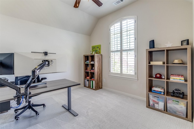 131 Lavaca Dr, Irving, TX 75039 - office space featuring a ceiling fan, plenty of natural light, carpet flooring, lofted ceiling, and baseboards