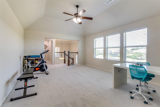 131 Lavaca Dr, Irving, TX 75039 - exercise area with carpet floors, a ceiling fan, vaulted ceiling, and baseboards