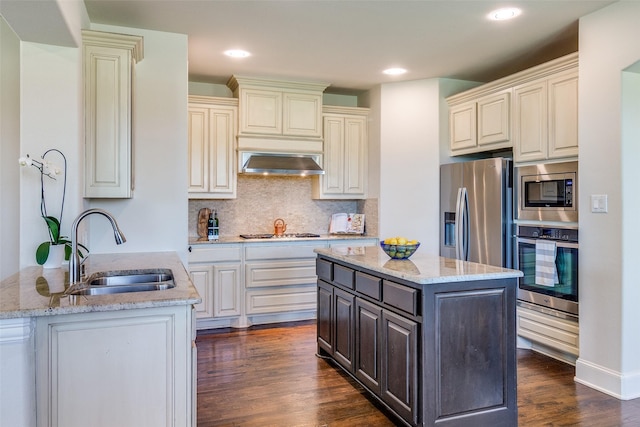 131 Lavaca Dr, Irving, TX 75039 - kitchen featuring stainless steel appliances, a sink, light stone countertops, tasteful backsplash, and dark wood-style floors