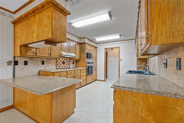 1025 S Lamar St, De Leon, TX 76444 - kitchen with a sink, appliances with stainless steel finishes, under cabinet range hood, a textured ceiling, and ornamental molding