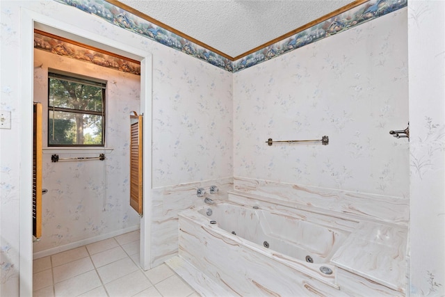 1025 S Lamar St, De Leon, TX 76444 - full bath with a textured ceiling, a jetted tub, tile patterned flooring, and ornamental molding