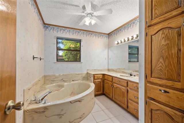 1025 S Lamar St, De Leon, TX 76444 - full bathroom featuring vanity, a textured ceiling, a garden tub, tile patterned flooring, and wallpapered walls