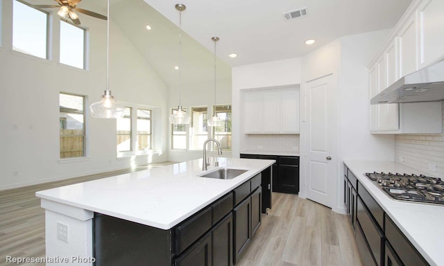 8409 Peach St, Justin, TX 76247 - kitchen featuring a sink, stainless steel gas stovetop, white cabinetry, light wood-style floors, and light countertops