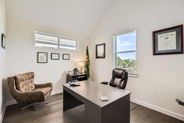 1115 Crownview Ln, Dallas, TX 75208 - office area with dark wood finished floors, baseboards, and high vaulted ceiling