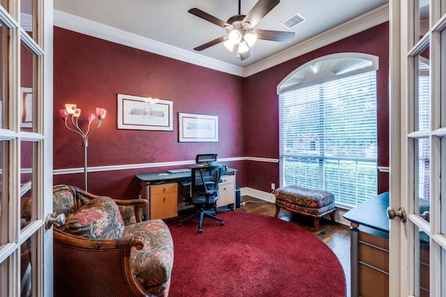 5946 Wallis Dr, Frisco, TX 75033 - office area featuring wood finished floors, french doors, crown molding, and a ceiling fan