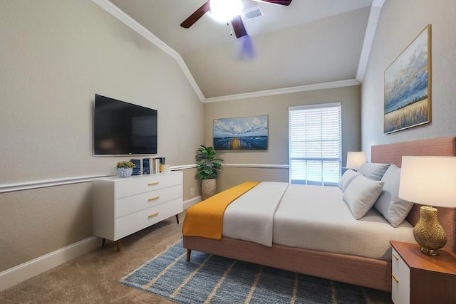 5946 Wallis Dr, Frisco, TX 75033 - bedroom with crown molding, carpet, lofted ceiling, baseboards, and a ceiling fan