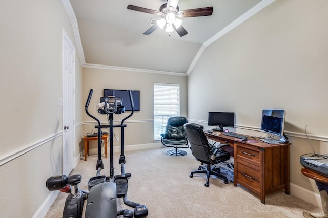5946 Wallis Dr, Frisco, TX 75033 - carpeted home office featuring crown molding, lofted ceiling, a ceiling fan, and baseboards