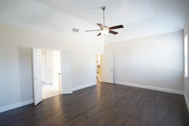 720 Madeline Ct, Azle, TX 76020 - unfurnished bedroom with wood finished floors, baseboards, high vaulted ceiling, and a ceiling fan