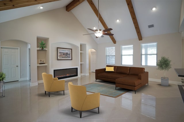 720 Madeline Ct, Azle, TX 76020 - living room with arched walkways, recessed lighting, built in shelves, a ceiling fan, and baseboards