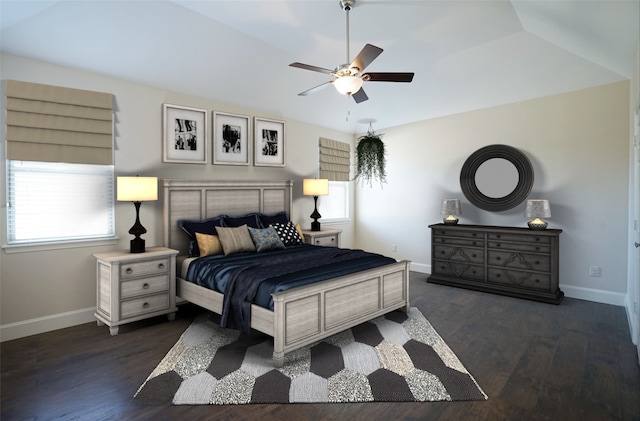720 Madeline Ct, Azle, TX 76020 - bedroom with multiple windows, baseboards, wood finished floors, a ceiling fan, and lofted ceiling