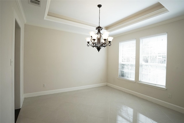 720 Madeline Ct, Azle, TX 76020 - unfurnished room featuring a raised ceiling, ornamental molding, a chandelier, light tile patterned flooring, and baseboards