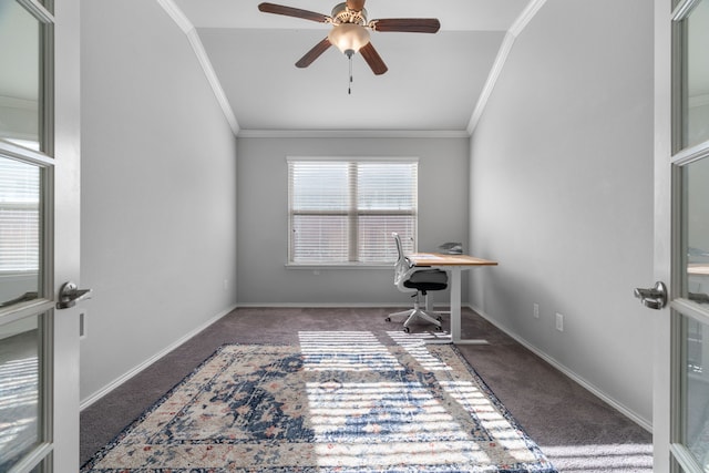4130 Gaillardia Way, Forney, TX 75126 - office space featuring carpet floors, ornamental molding, a ceiling fan, baseboards, and vaulted ceiling