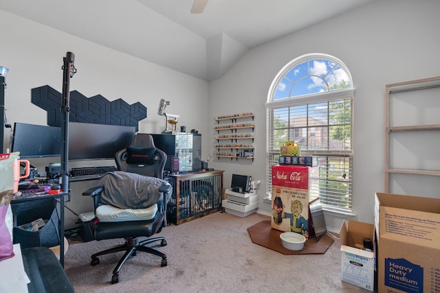 4130 Gaillardia Way, Forney, TX 75126 - carpeted office space featuring lofted ceiling, a ceiling fan, and baseboards