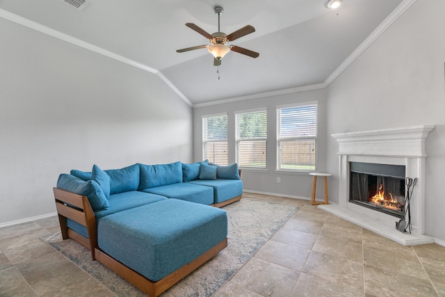 4130 Gaillardia Way, Forney, TX 75126 - living area featuring lofted ceiling, ornamental molding, ceiling fan, baseboards, and a warm lit fireplace