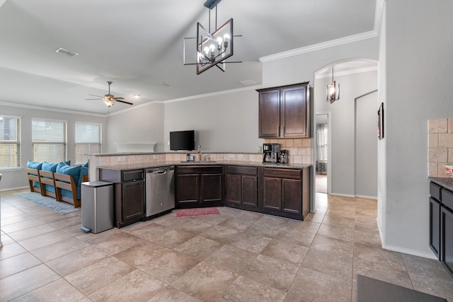 4130 Gaillardia Way, Forney, TX 75126 - kitchen with stainless steel dishwasher, open floor plan, ceiling fan, ornamental molding, and dark brown cabinets