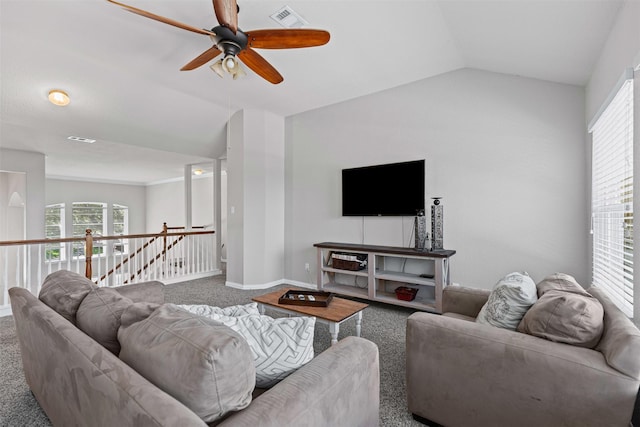 5655 Redgum Dr, Fort Worth, TX 76244 - carpeted living area with ceiling fan, vaulted ceiling, and baseboards