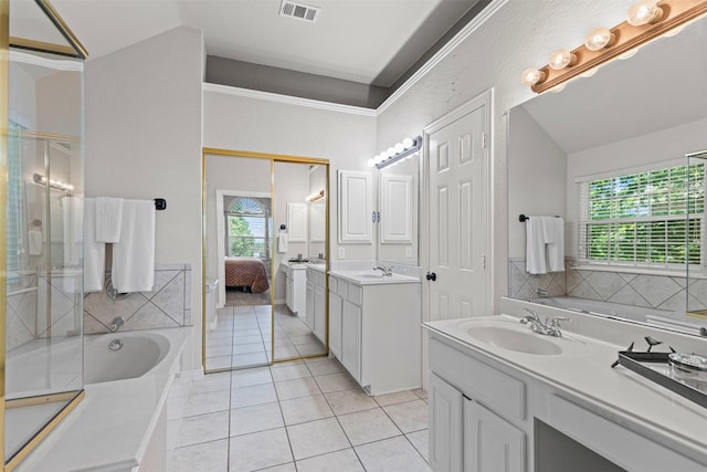 5655 Redgum Dr, Fort Worth, TX 76244 - ensuite bathroom with a garden tub, two vanities, tile patterned flooring, and a shower stall