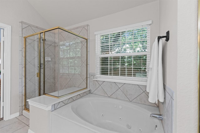 5655 Redgum Dr, Fort Worth, TX 76244 - bathroom with a stall shower, a whirlpool tub, tile patterned flooring, and vaulted ceiling