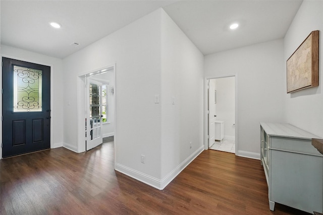 3501 Alamosa River Dr, Prosper, TX 75078 - foyer entrance with wood finished floors, baseboards, and recessed lighting