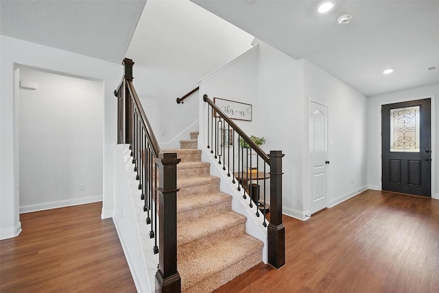 3501 Alamosa River Dr, Prosper, TX 75078 - entryway featuring wood finished floors, baseboards, stairway, and recessed lighting