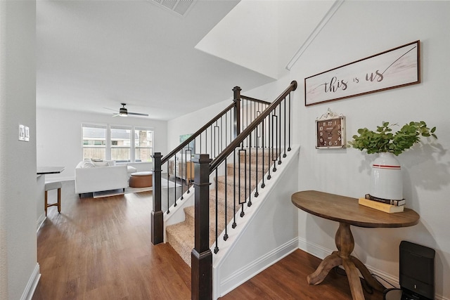 3501 Alamosa River Dr, Prosper, TX 75078 - stairs with wood finished floors, a ceiling fan, and baseboards
