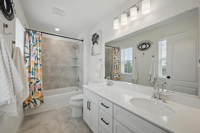 3501 Alamosa River Dr, Prosper, TX 75078 - full bathroom with shower / tub combo with curtain, double vanity, toilet, and tile patterned floors