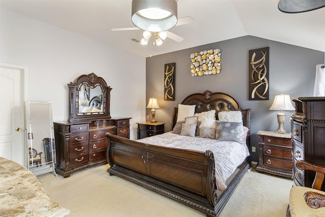141 Buffalo Creek Dr, Desoto, TX 75115 - bedroom with light colored carpet, lofted ceiling, and a ceiling fan