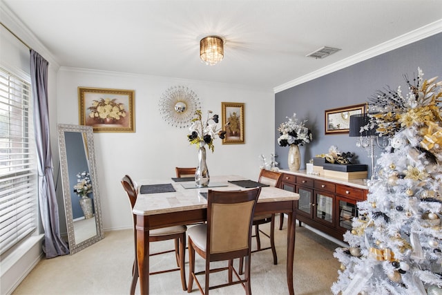 141 Buffalo Creek Dr, Desoto, TX 75115 - dining area featuring light colored carpet and crown molding