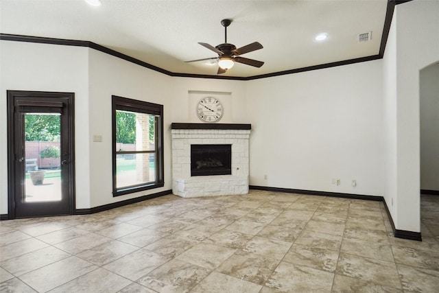 950 Roxbury Way, Keller, TX 76248 - unfurnished living room with ornamental molding, ceiling fan, a fireplace with raised hearth, baseboards, and recessed lighting