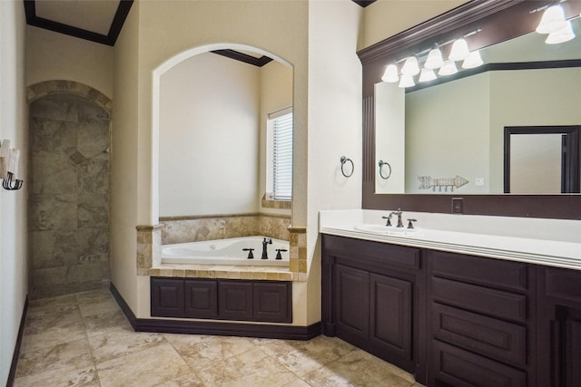 950 Roxbury Way, Keller, TX 76248 - bathroom with a tub with jets, vanity, tiled shower, and ornamental molding