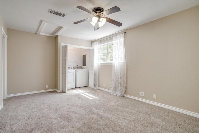 1309 Manor Dr, Cleburne, TX 76033 - unfurnished bedroom featuring independent washer and dryer, carpet floors, baseboards, a ceiling fan, and electric panel
