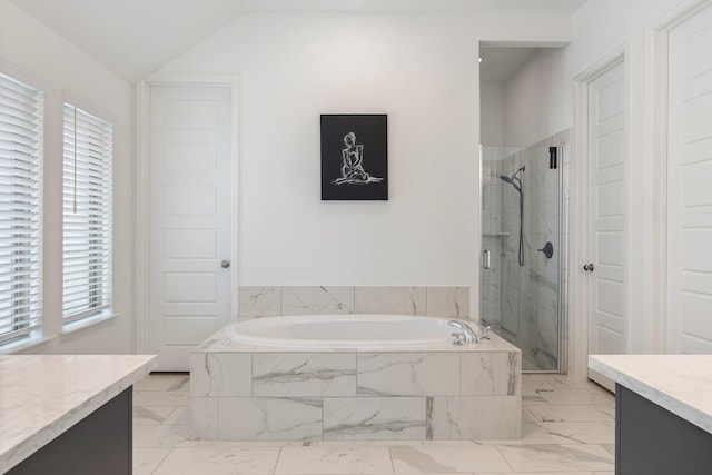 2316 Lazy Dog Ln, Northlake, TX 76247 - full bathroom featuring vanity, marble finish floors, a marble finish shower, a garden tub, and plenty of natural light