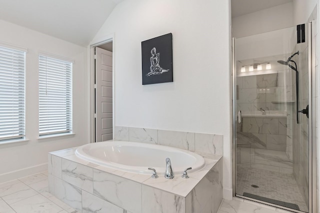 2316 Lazy Dog Ln, Northlake, TX 76247 - full bath featuring marble finish floors, a marble finish shower, a garden tub, baseboards, and lofted ceiling