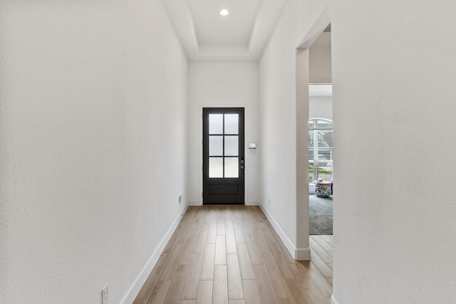 2316 Lazy Dog Ln, Northlake, TX 76247 - entryway featuring light wood-style flooring, baseboards, recessed lighting, and a towering ceiling