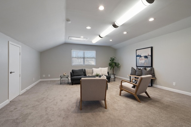 2645 Forest Grove Dr, Richardson, TX 75080 - living area with lofted ceiling, light carpet, baseboards, and recessed lighting