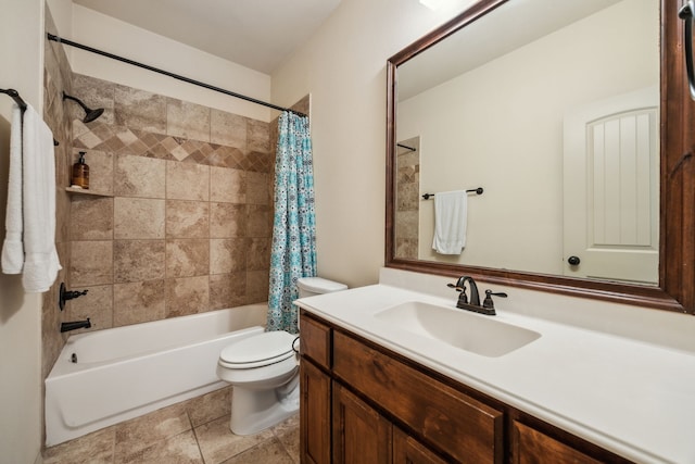 1685 Laramie Ln, Burleson, TX 76028 - full bath with toilet, vanity, shower / bathtub combination with curtain, and tile patterned flooring