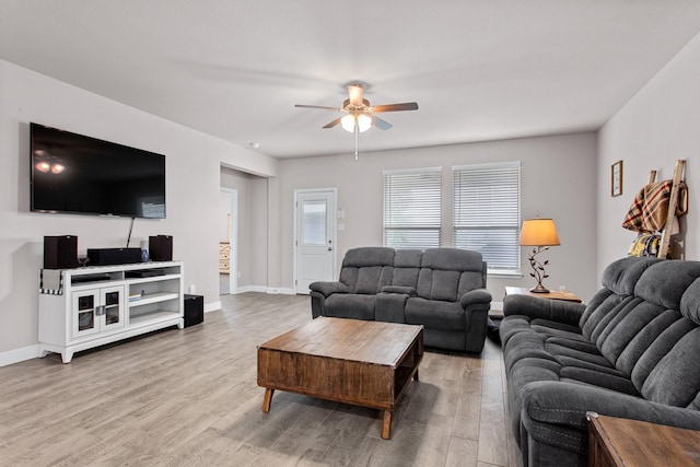 601 Big Horn Pass, Denton, TX 76210 - living room with a ceiling fan, wood finished floors, and baseboards