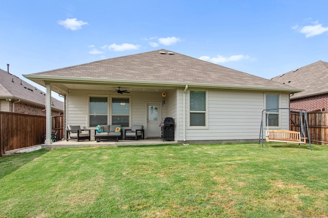 601 Big Horn Pass, Denton, TX 76210 - rear view of property with outdoor lounge area, ceiling fan, a patio area, and a shingled roof