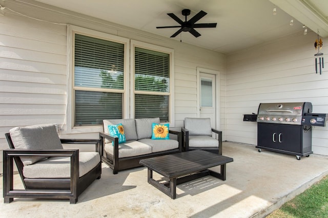 601 Big Horn Pass, Denton, TX 76210 - view of patio / terrace featuring a grill, a ceiling fan, and outdoor lounge area