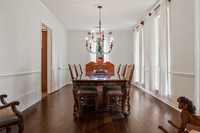 6815 Fm 1830, Argyle, TX 76226 - dining area with a chandelier, healthy amount of natural light, dark wood-style flooring, and ornamental molding