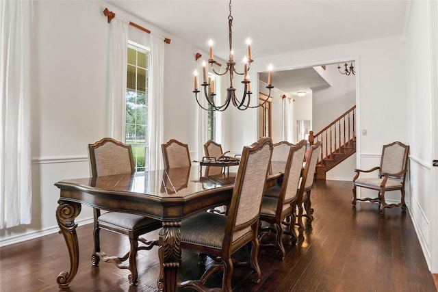 6815 Fm 1830, Argyle, TX 76226 - dining area with a chandelier, dark wood-type flooring, and stairs